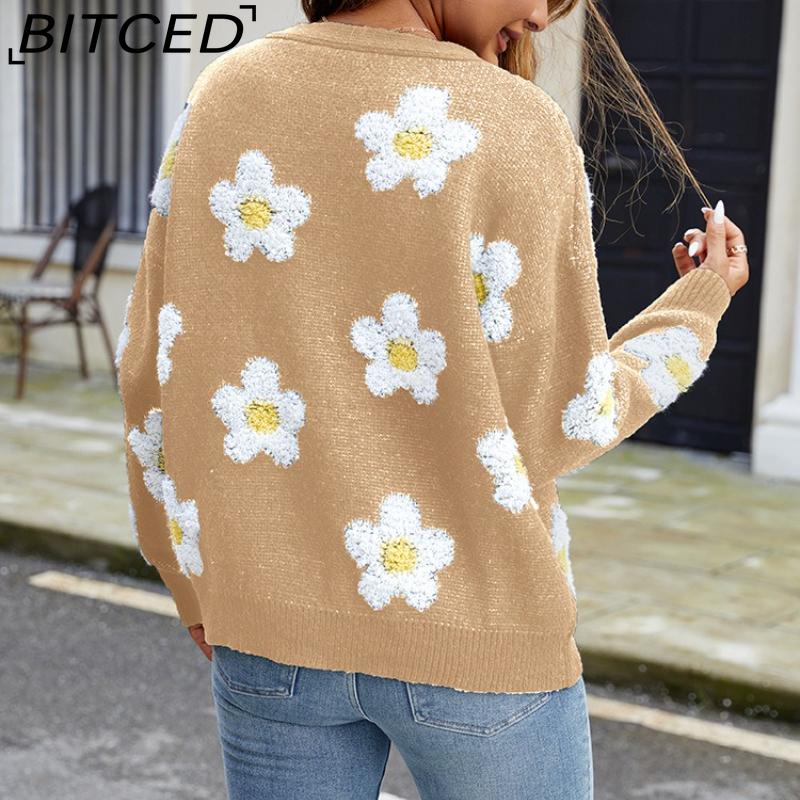 BITCED Damen 3D Floral V-Ausschnitt Strick-Cardigan Herbst/Winter Lässige Strickjacke mit entspannter Passform