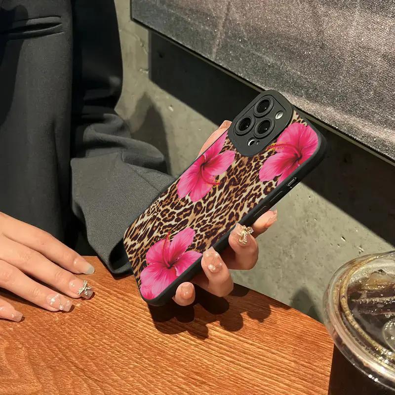 Leopard Print Flowers Phone Case For iPhone 16 15 Pro Max 14 Pro 13 12 11 16E 7 8 Pus XR XS X SE2 Shockproof Silicone Soft Cover