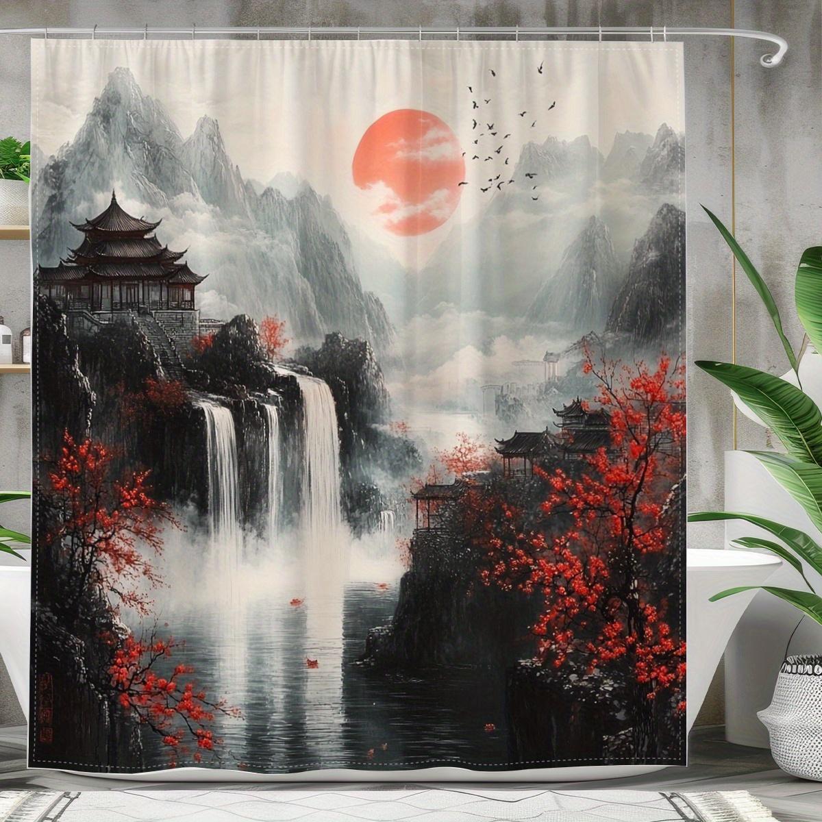 

1pc Chinese Style Landscape Shower Curtain, Polyester, Serene Mountain & Waterfall Design, Easy-Care All-Season Bath Decor W90xH180cm