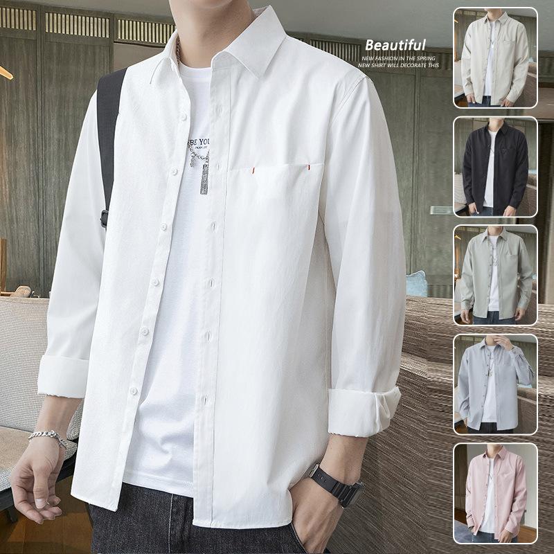 Men's Long-sleeved Shirt Spring Casual with Lined Clothes Korean Version of The Trend Spring and Autumn Shirt Coat