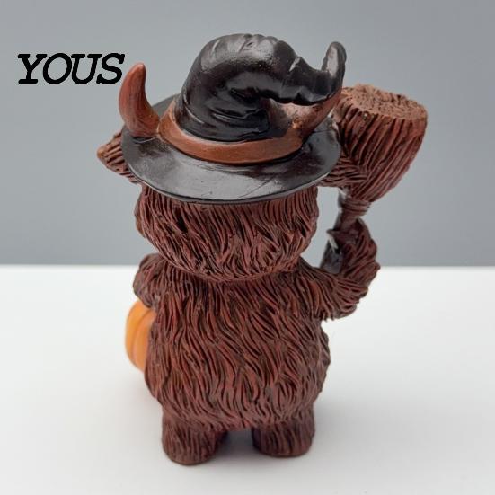 Resin Animal Statues for Home Decor Halloween Highland Cow Figurine, Wizard Broom & Bat Wing Pumpkin Waterproof Garden Sculptures Ornament,