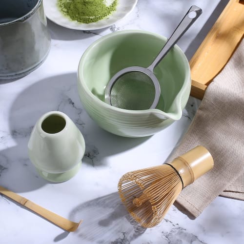 ZENRC Ceremonial Pink Matcha Kit - Traditional Bamboo Matcha Whisk, Scoop, Tea Bowl with Spout, Whisk Holder, and Sieve Tea Tray - Perfect Matcha Set