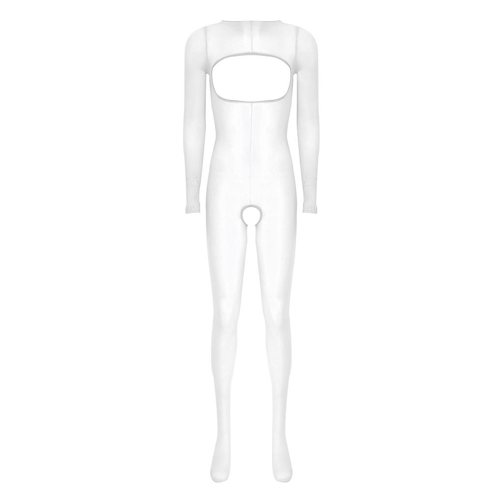 Damska błyszcząca prześwitująca body-pończocha z długim rękawem, otwarta w kroku i na biuście