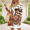 Women Plus Size Round Neck Long Sleeve Halloween Sloth Printed White A Line Dress