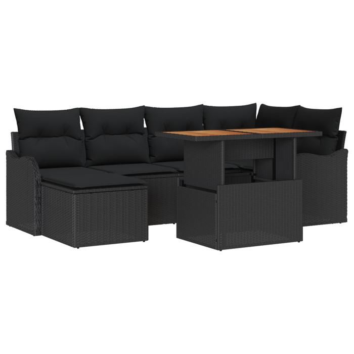 Ensemble de 7 Pièces de Canapé de Jardin avec Coussins Noir Rattan Poly Acacia, Canapé de Jardin 2 Places avec Coussins Noir 3349484