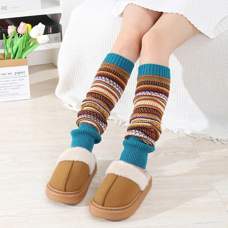Camouflage Bohemian Style Yarn Warm Leg and Knee Pads European and American Autumn Winter Women Color Blocked Striped Pile Socks