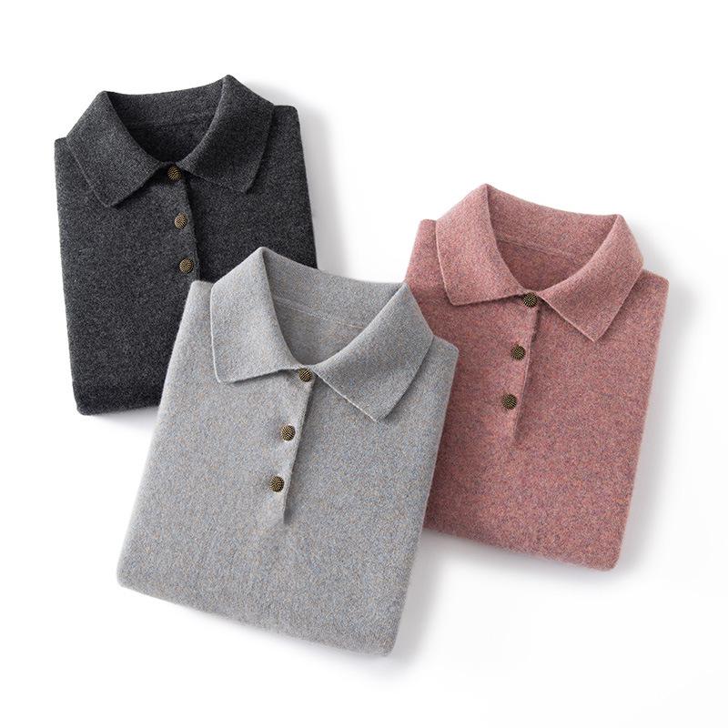 Women's 100% Cashmere Polo Neck Loose Knit Short Sleeve Sweater - Autumn/Winter New Style