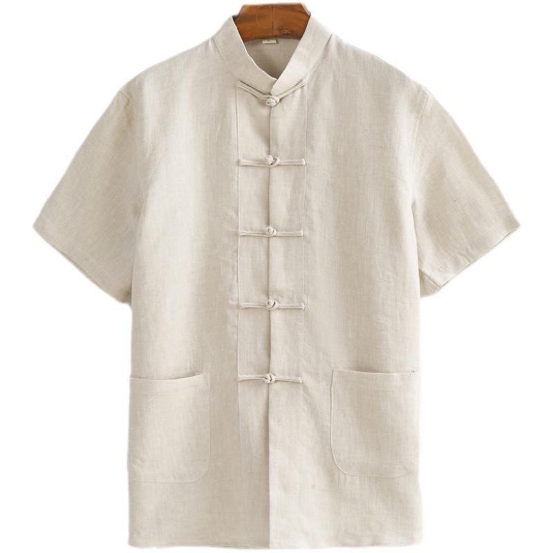 [Popular] Cămașă de vară cu mânecă scurtă pentru bărbați, stil chinezesc, in pur, retro, costum Tang