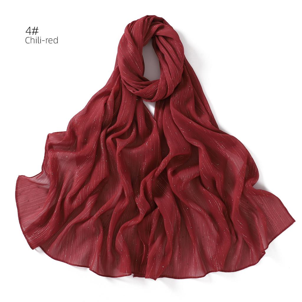 New Solid Color Silver Sequin Rhinestone Chiffon Scarf Fine Pleated Breathable Women's Turban Wrap Malay Shawl
