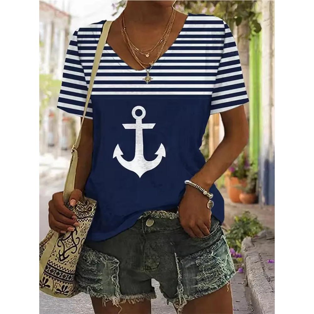 Stripe Printed T-shirt Fashionable Loose Short Sleeved Round Neck Versatile Comfortable Women's V-neck T-shirt