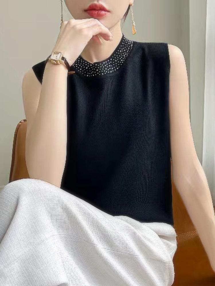 2025 Spring Women's Fine Wool 12-Gauge Round Neck Sleeveless Knit Vest Top