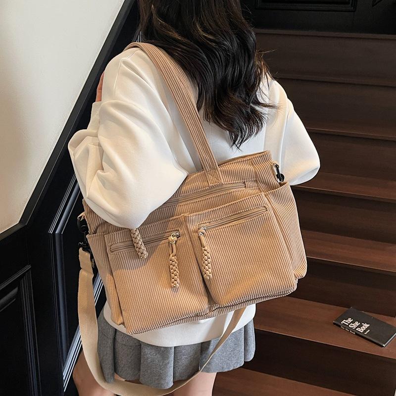 Corduroy Simple Poop Carrying Shoulder Bag for Women Adjustable Shoulder Strap Crossbody Bag Large Capacity Commuting Handbag