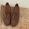 Sheepskin version~ Hollow-out handwoven sandals women's one-word with round head flat-soled single shoes genuine leather shallow mouth Mary Jane shoes