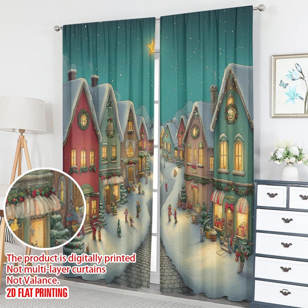 Classic Flat Printing Christmas Curtains Village Snow Town Scene Digital Printed Polyester Drapes Party Set Of 2 Made