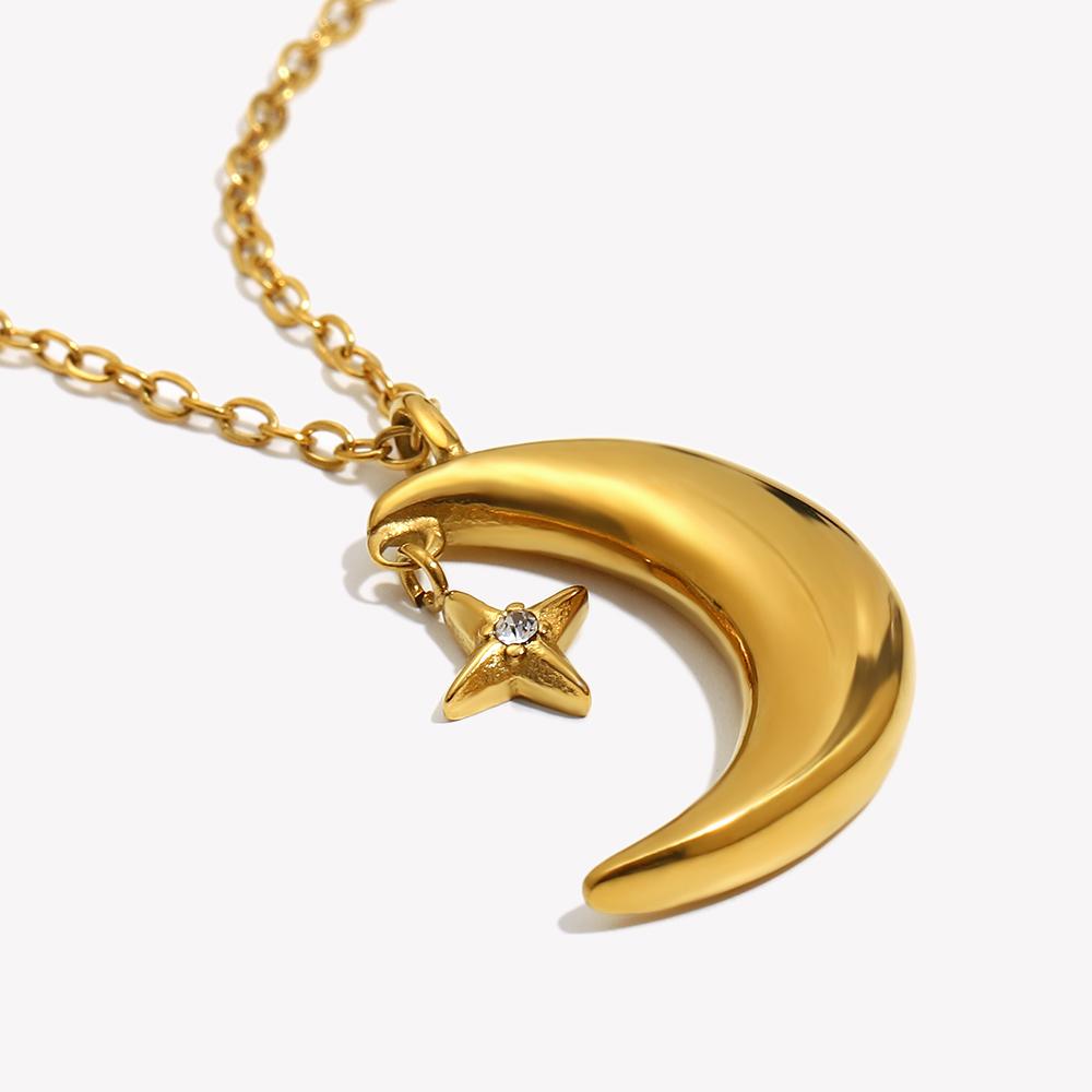 18K Goldplattiertes Edelstahl Mond Stern Anhänger Halskette mit Gliederkette Zirkon Trendiger Minimalistischer Schmuck für Jahrestag Geschenk