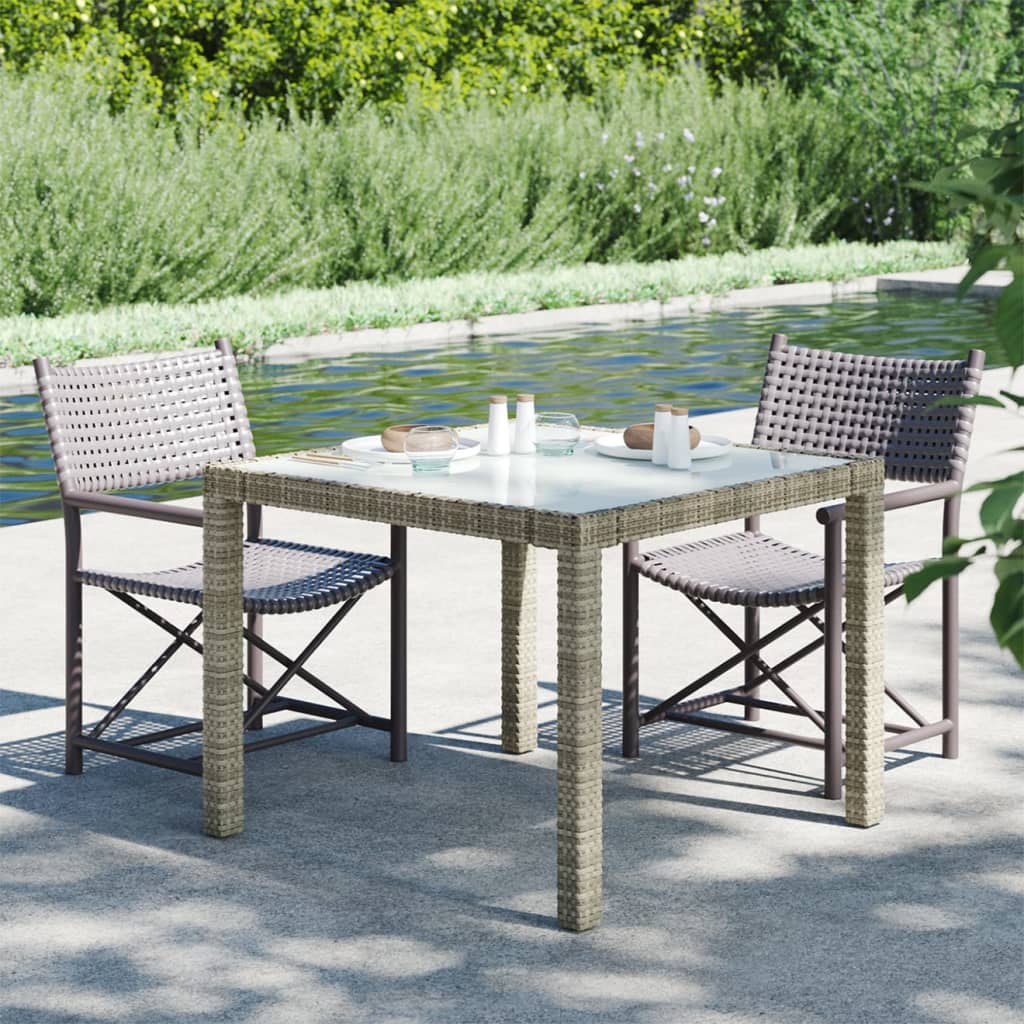 Garden Table 90x90x75 Cm Tempered Glass Poly Rattan Grey