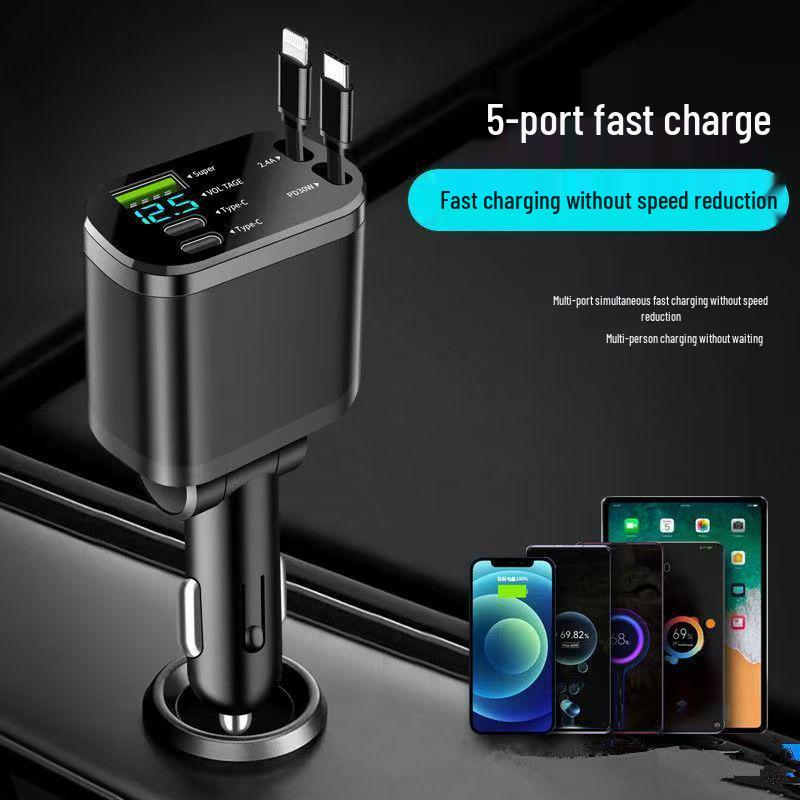 

Dual-Line Retractable Car Charger with Digital Display, PD Fast Charging for Huawei & Apple.