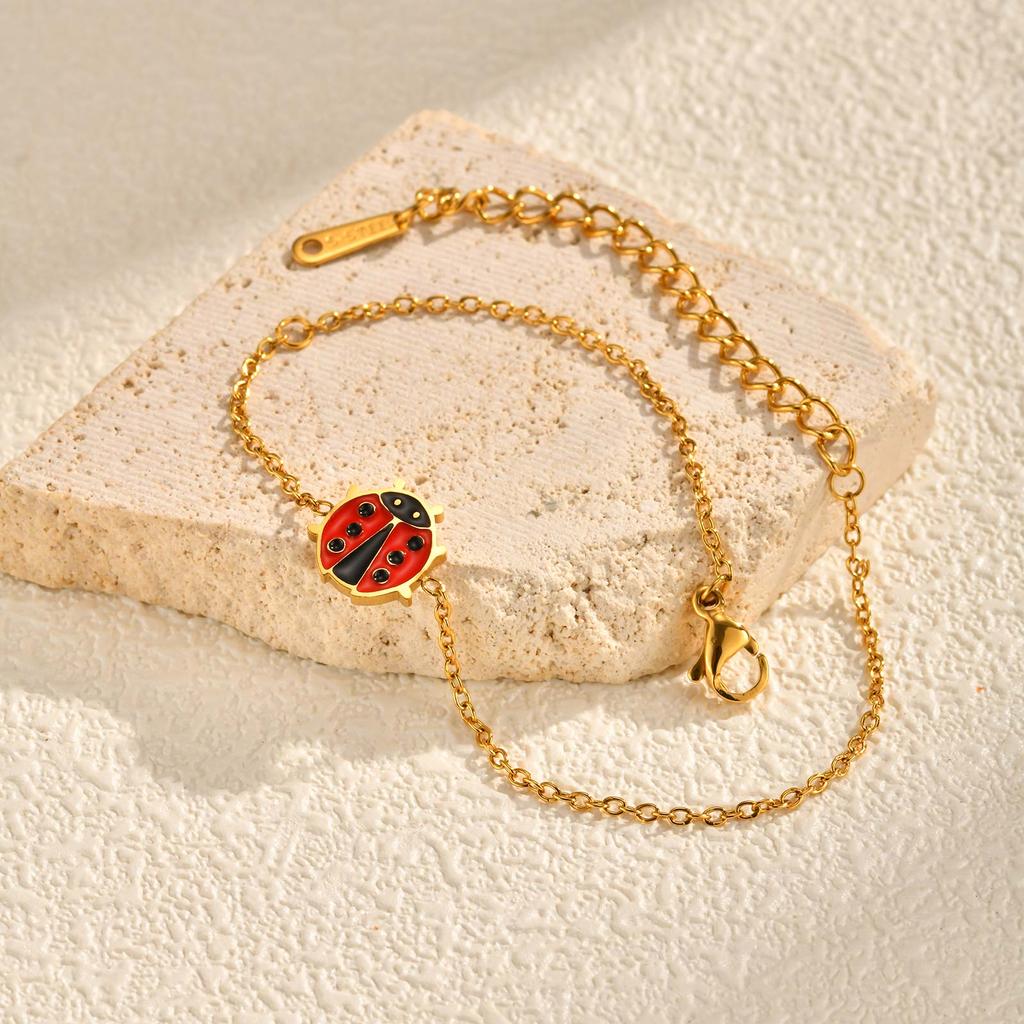 New Fashion Enamel Ladybird Charm Bracelet Women, Stainless Steel Thin Link Handmade Jewelry