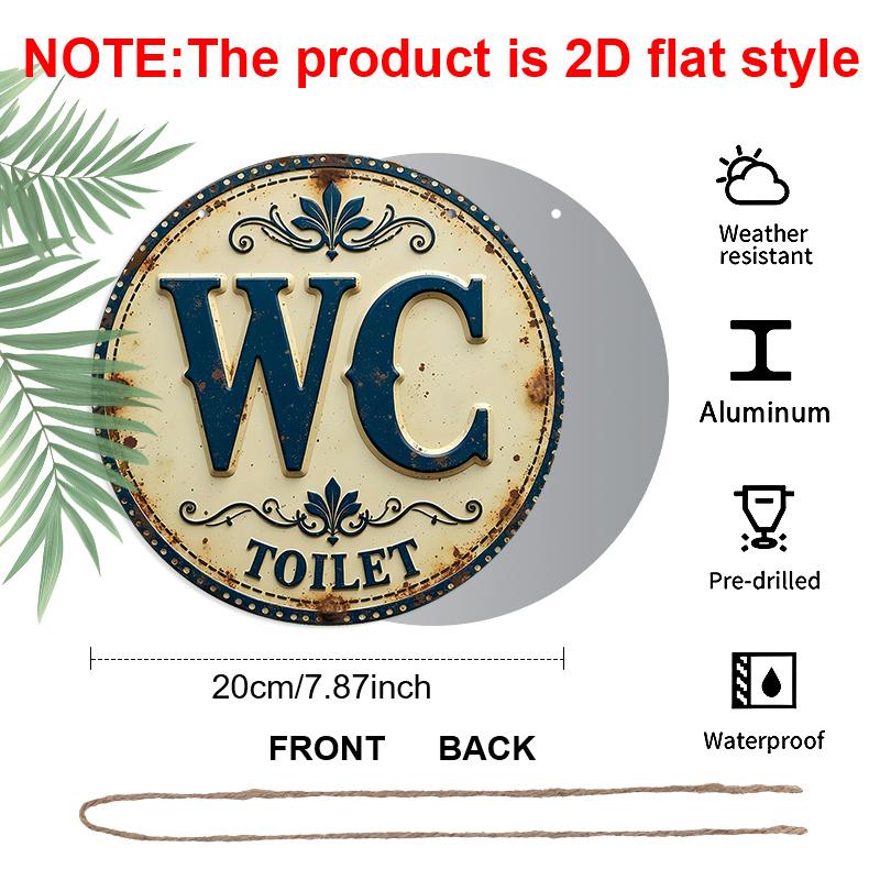 2D Flat, 1pc Vintage WC TOILET Round Metal Sign, Retro Blue And White Decorative Plaque With Rustic Pattern, Funny Bathroom Restroom Wall Art, Ideal