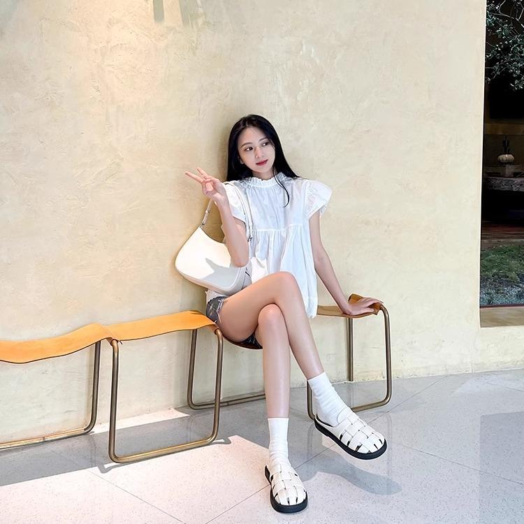 Leather hollow woven slippers outer wear 2025 summer new one-pedal Roman retro casual bag head half slippers