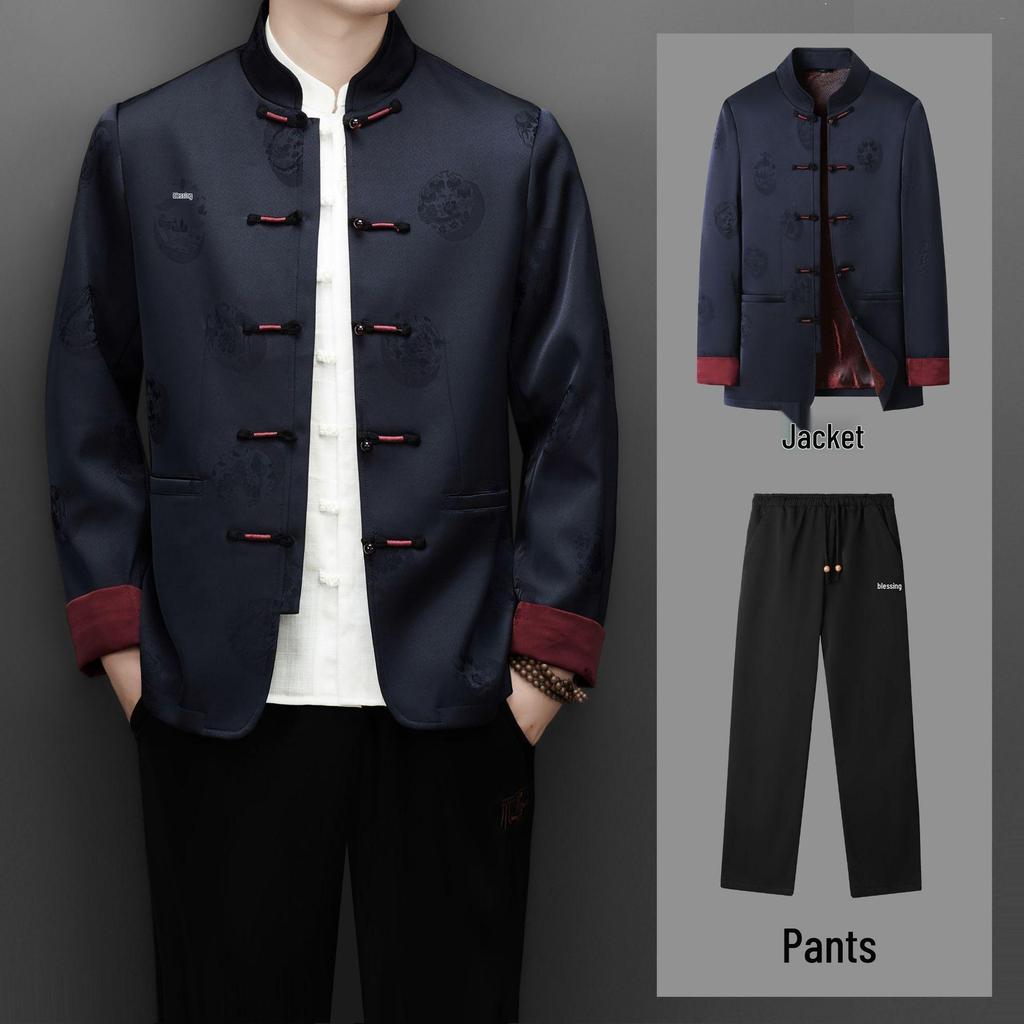 Men's 2025 Autumn/Winter Chinese Style Two-Piece Set: Middle-Aged Stand-Up Collar Tang Suit Jacket & Casual Zhongshan Suit
