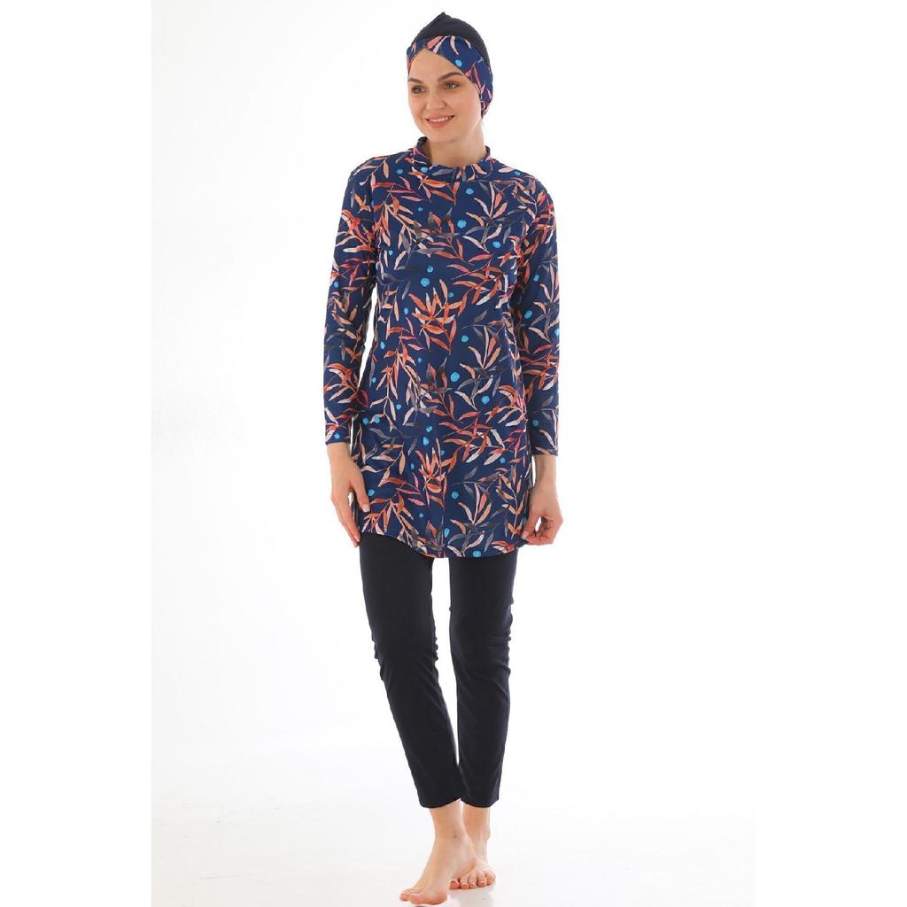Vollständig bedeckter Lycra-Hijab-Badeanzug mit marineblauem Muster