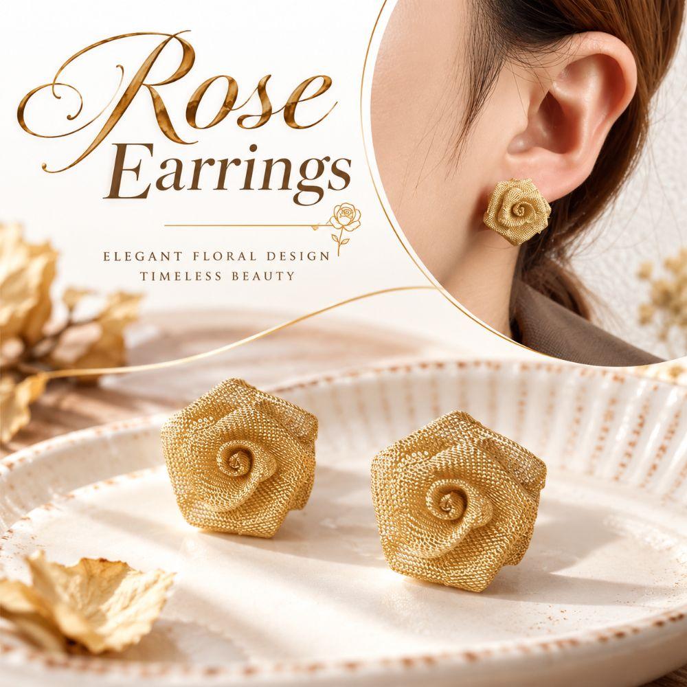 Vintage Style Flower Stud Earrings Gold Gauze Fabric Rose Stud Earrings New Rose Earrings Women