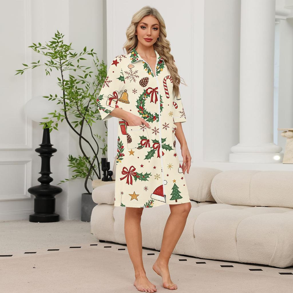 Vestaglia casual da donna con zip e stampa natalizia, maniche a tre quarti, lunghezza al ginocchio, leggera con tasche