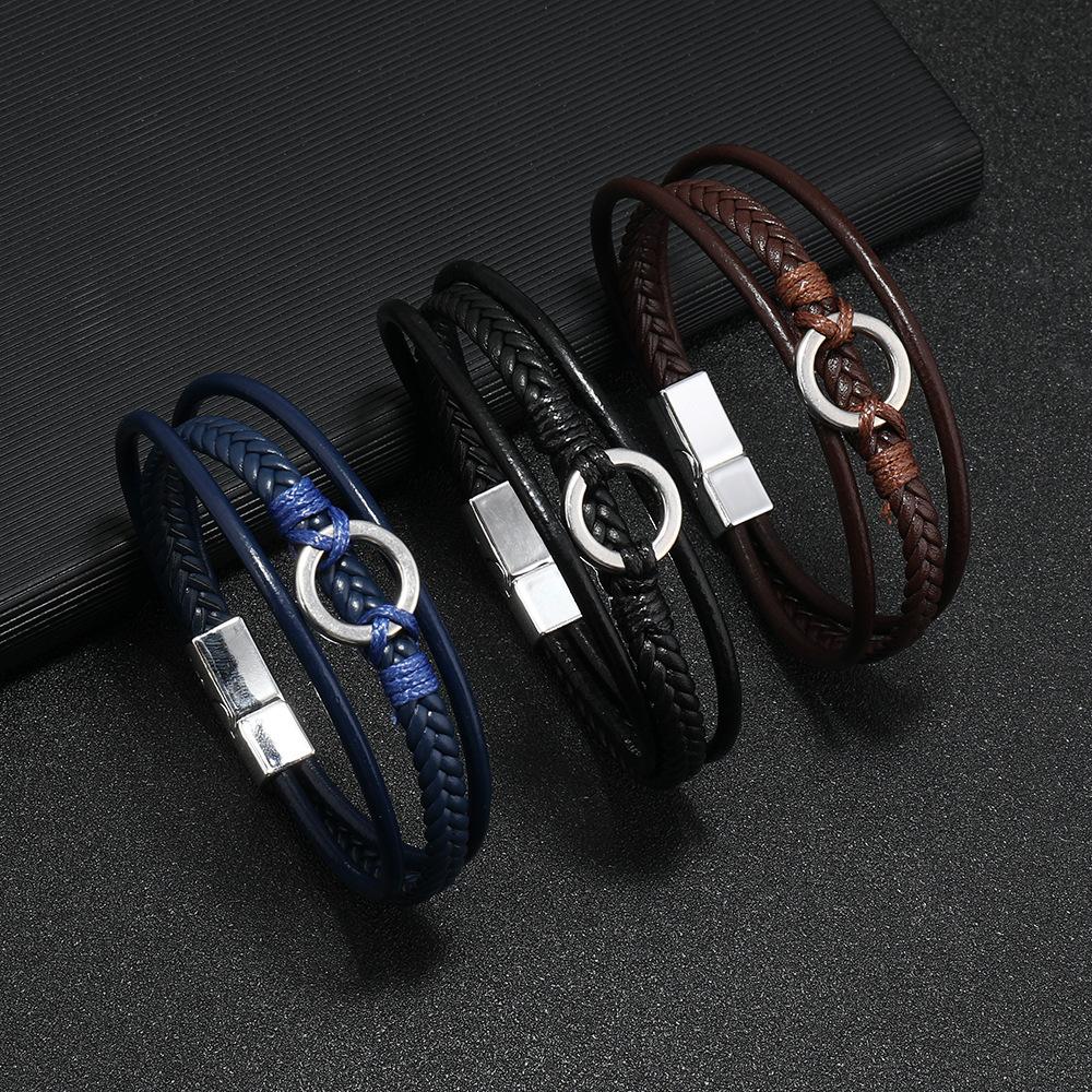 Multi Layer Braided Leather Bracelet With Magnetic Square Clasp Personalized Jewelry Accessory