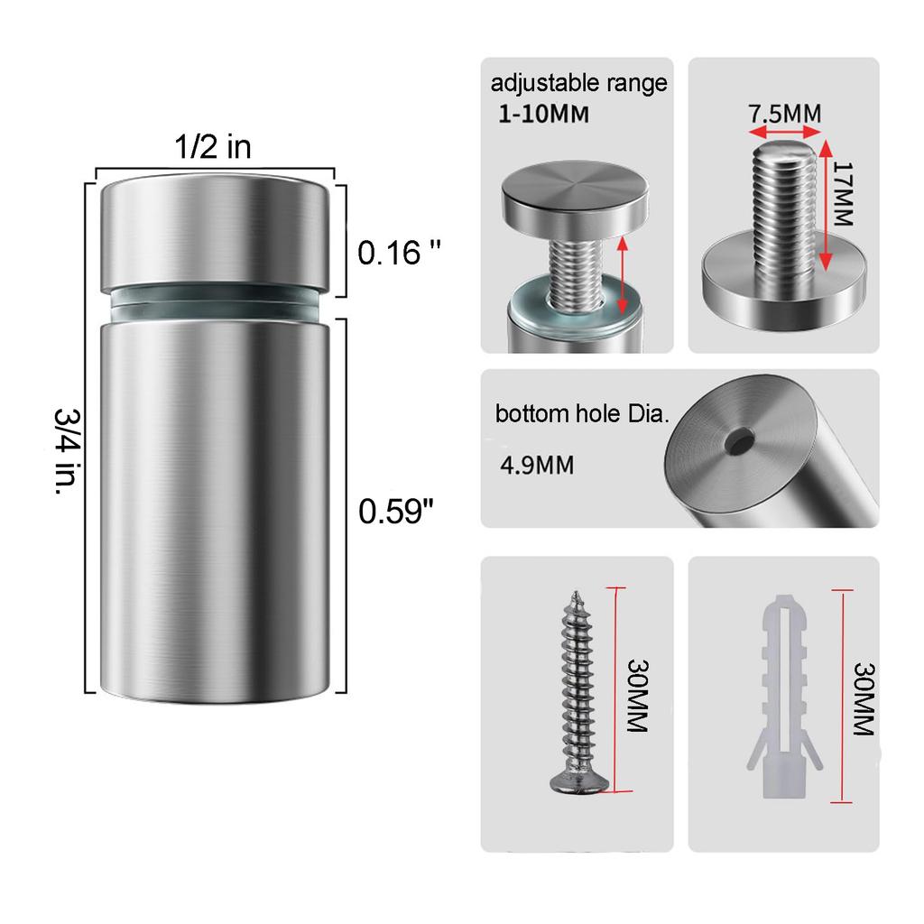 Sign Standoff Screws 1/2 X 1 Inch Stainless Steel Stand Off Wall Mounts Advertising Screw Hardware for Acrylic Signs