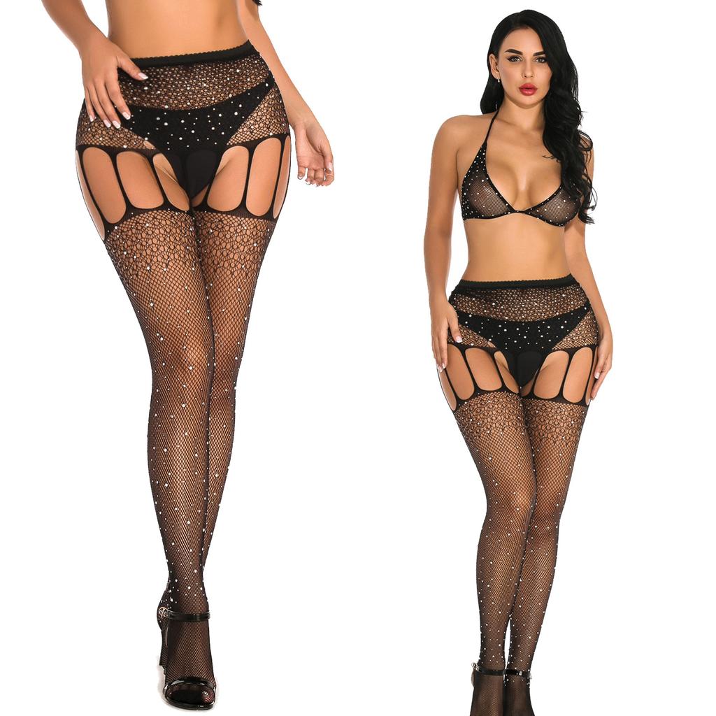 Rhinestone Bikini Set Pantyhose Fishnet Pants Hollow Out Rhinestones Lingerie Babydoll Lingerie Set