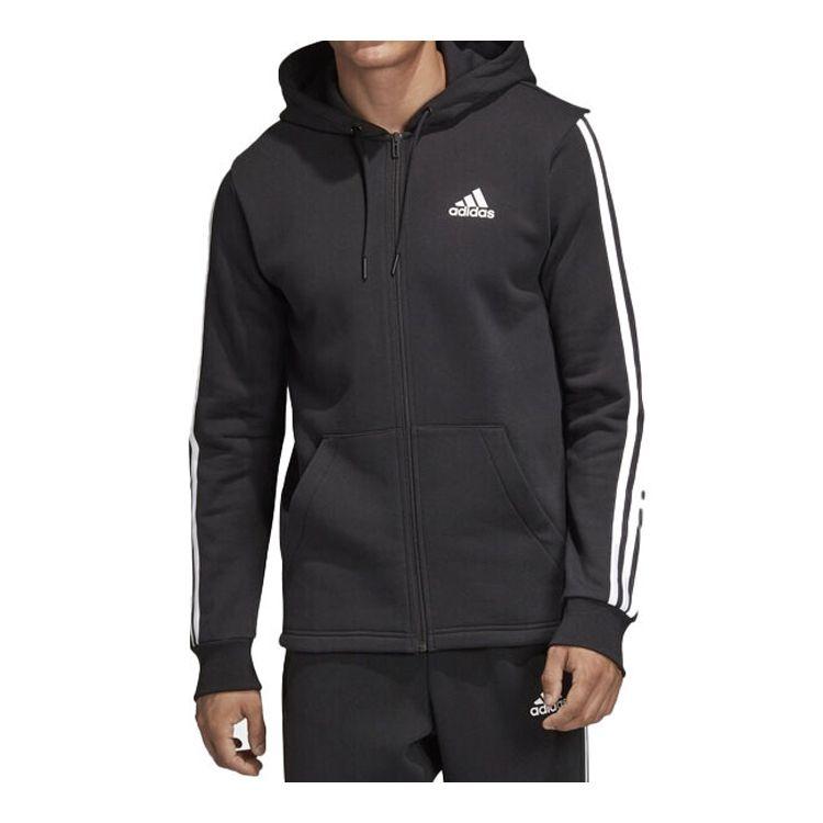 Adidas Printed Three-Stripes Fleece-Lined Hooded Knit Jacket Men Jackets Black DQ1455