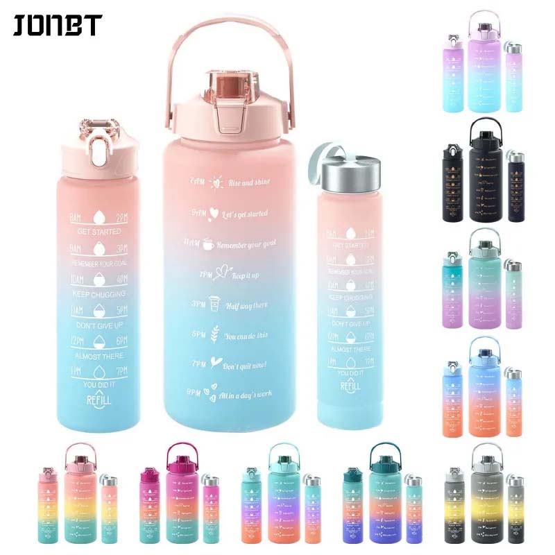 3PCS Gradient Frosted Plastic Water Bottles With Straw Motivational Large Capacity Sports Bottle Outdoor Travel Gym Fitness Jugs
