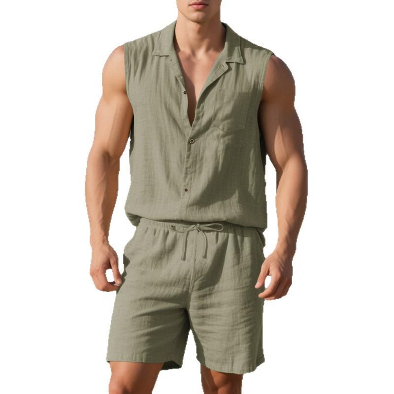 Loose Linen Sleeveless Collared Beach Shirt Casual Summer Fashion for Men Open Cardigan Style Clothing