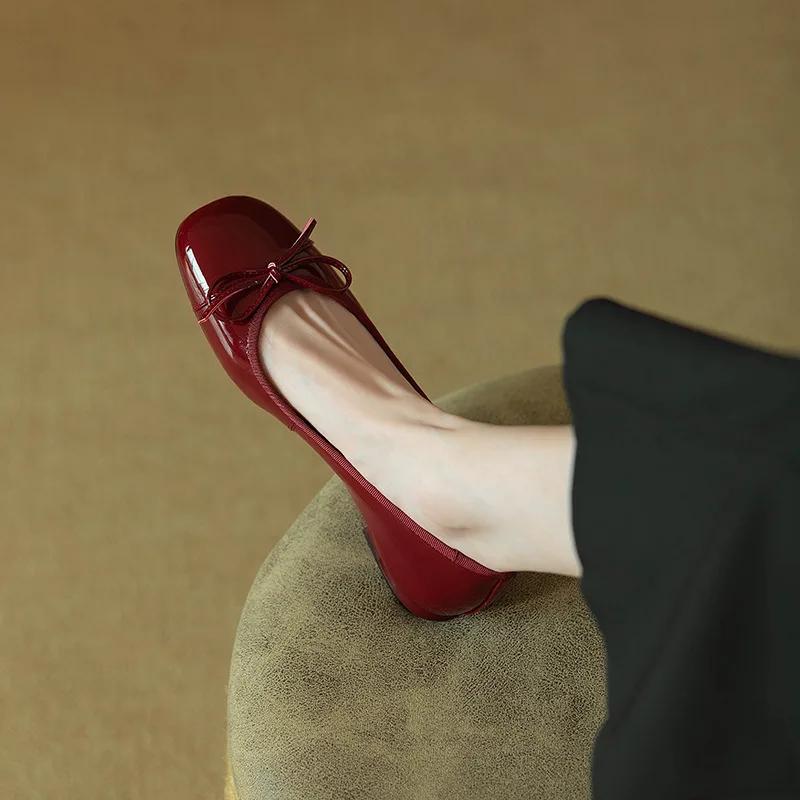 Kadın Retro Nazik Fiyonklu Düz Ayakkabılar Kore Modası Zarif Kırmızı Kare Burun Stiletto Topuklu Ayakkabılar Sonbahar Elbise Loafer Günlük Ayakkabılar