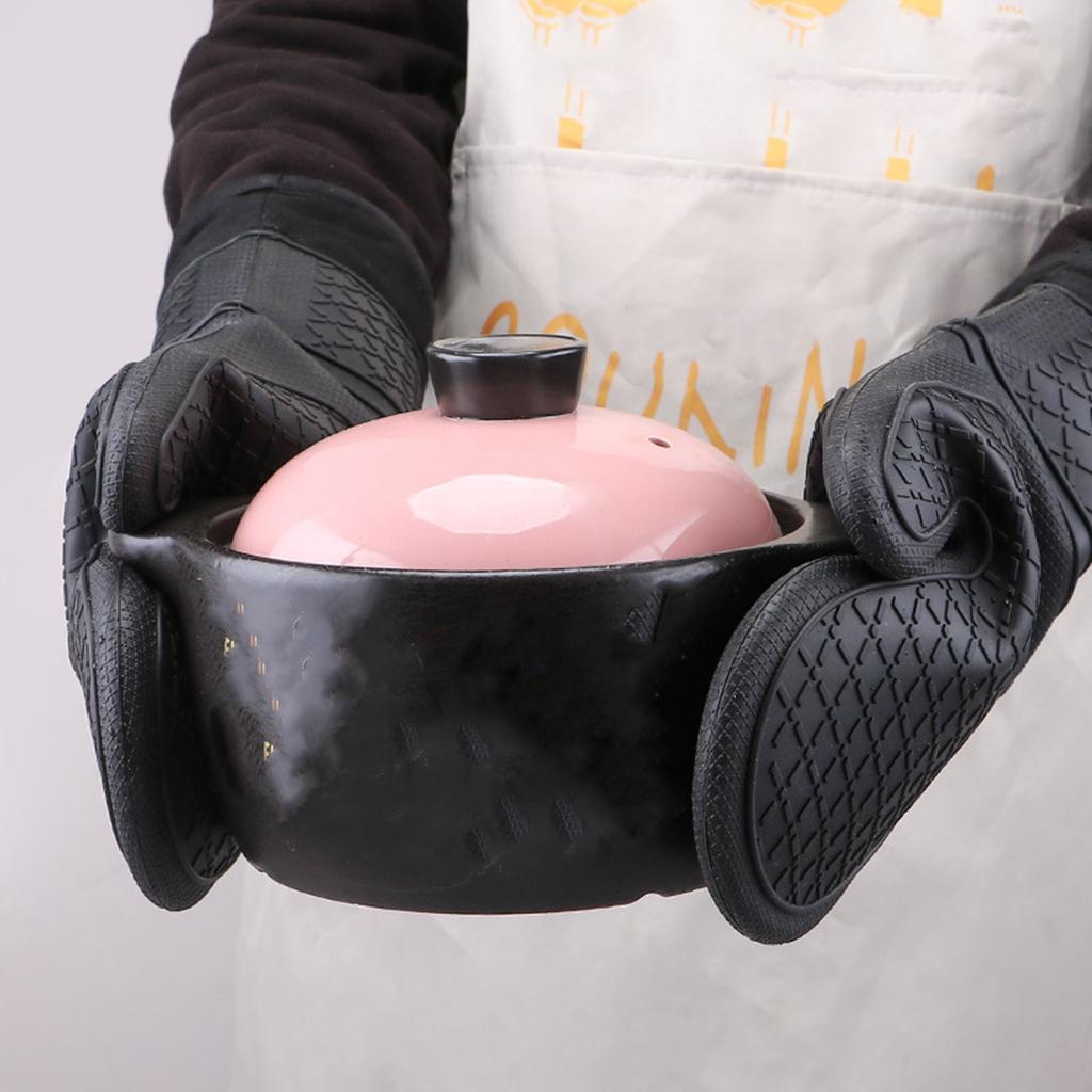 Heat Resistant Gloves Thickened Silicone Cotton Lining Insulated Oven Mitts for Kitchen Cooking Baking Black