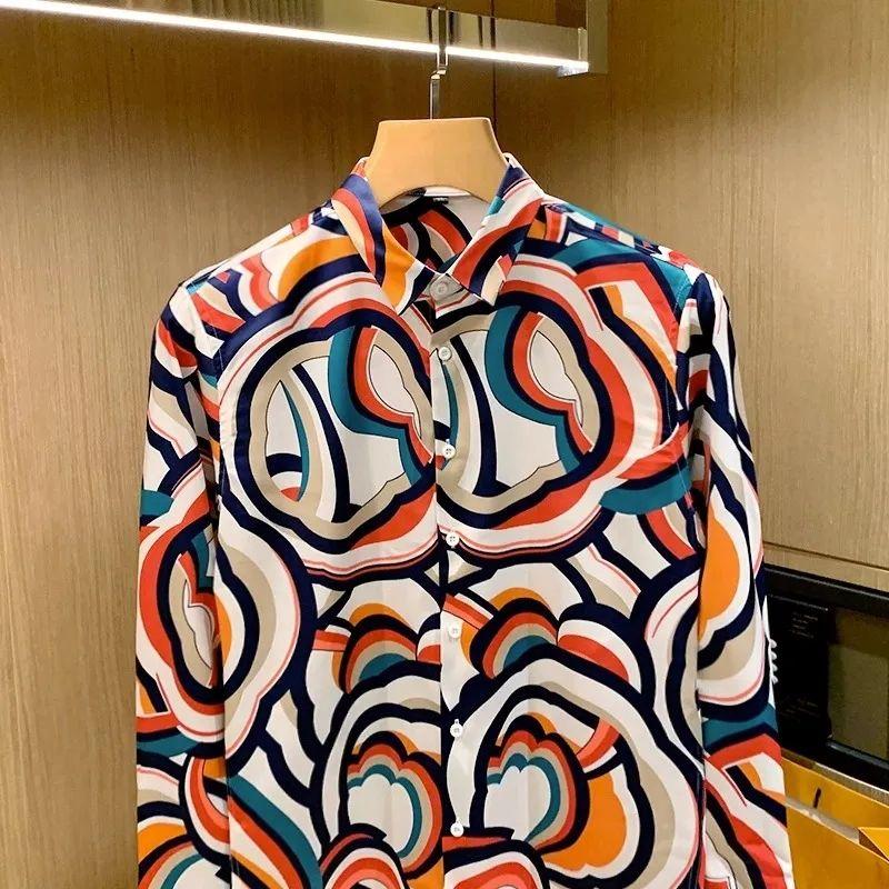 New Spring Korean Wave Fashion Personalized Casual Versatile Printed Long Sleeve Slim Button Men's Shirt Top