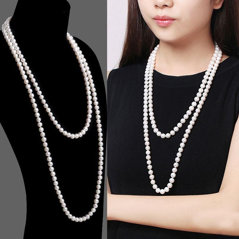 Women's European & American Fashion Imitation Pearl Multilayer Necklace - Simple Knotted Long Sweater Chain