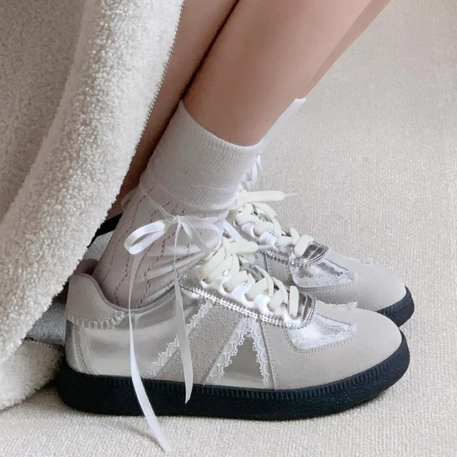 Sun Qian, the Same Virtual Lover, Silver German Training Shoes, Women's Shoes 2025 New Platform White Shoes, Retro Lace Board Shoes
