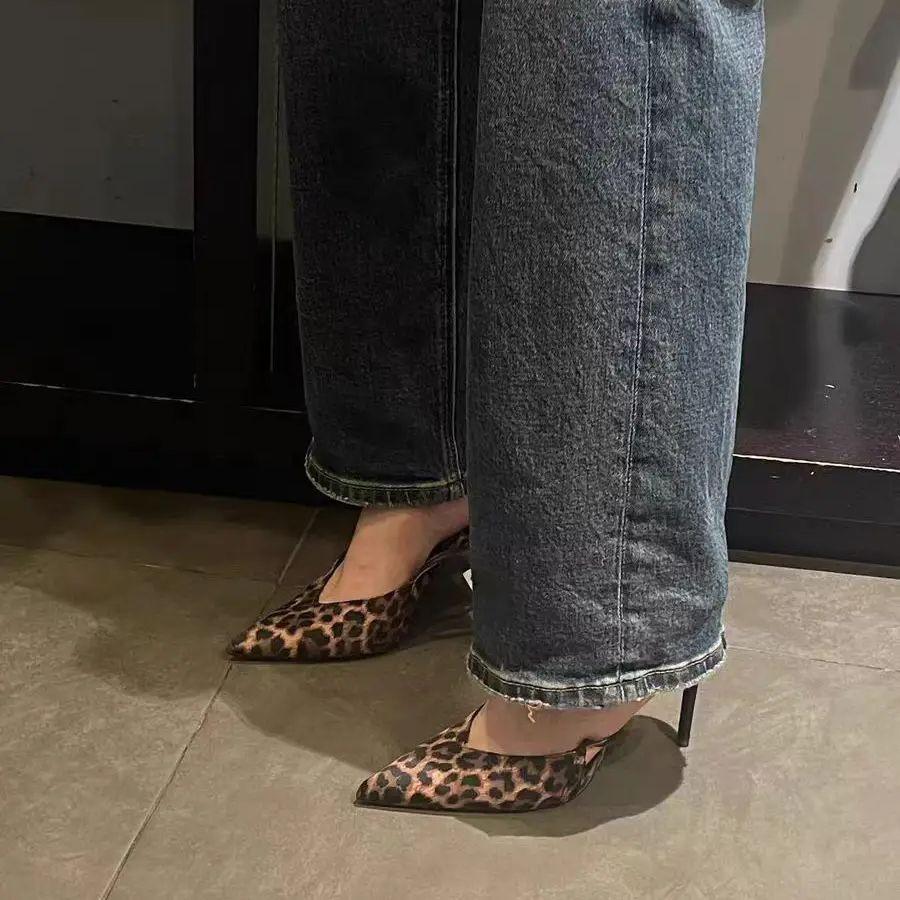 TRAF Woman Animal Patterns High Heels Chic Pointed Slingbacks Stiletto Pumps 2024 Shallow Mouth Leopard Party High Heels Shoes