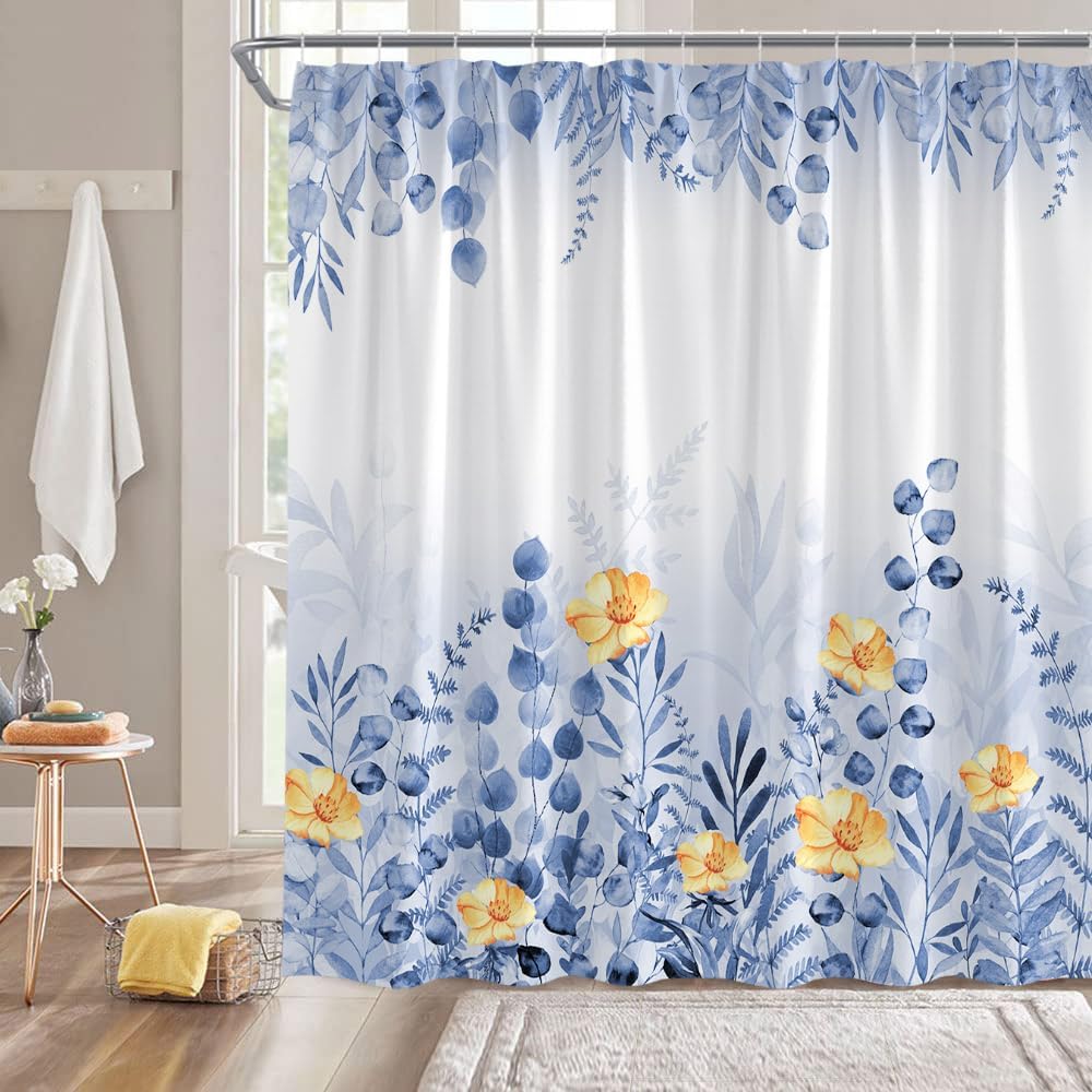 Floral Shower Curtain Blue Daisy Flower Butterfly Spring Nature Watercolor Yellow White Bathroom Home Curtain Decor With Hooks