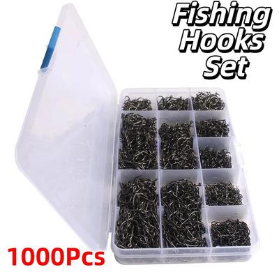 1000 Pièces Crochets de Pêche Fixes en Acier au Carbone Taille 3-12 Crochets de Pêche Barbelés pour Eau Salée Eau Douce