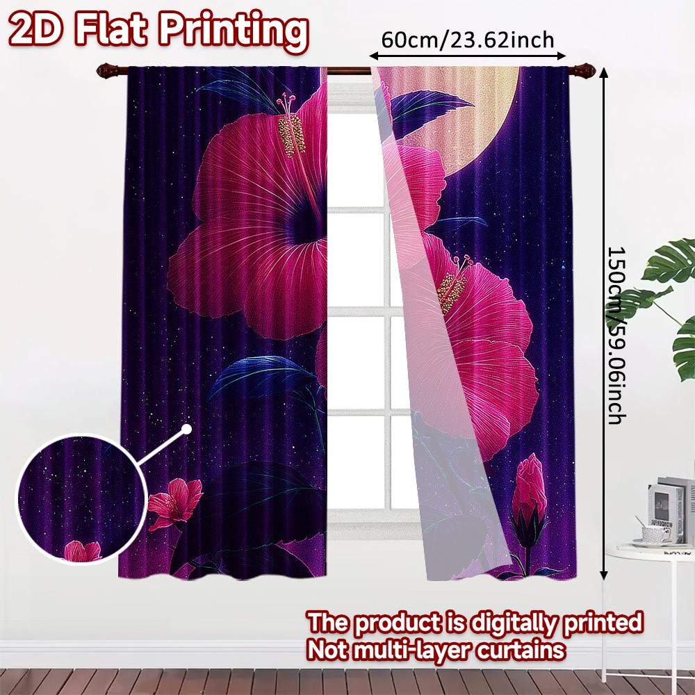 Set Of 2 Modern Flat Printing Curtains Without Rod Floral Hibiscus Neon Glow Fashionable Curtainments During Ramadan Curtain Polyester