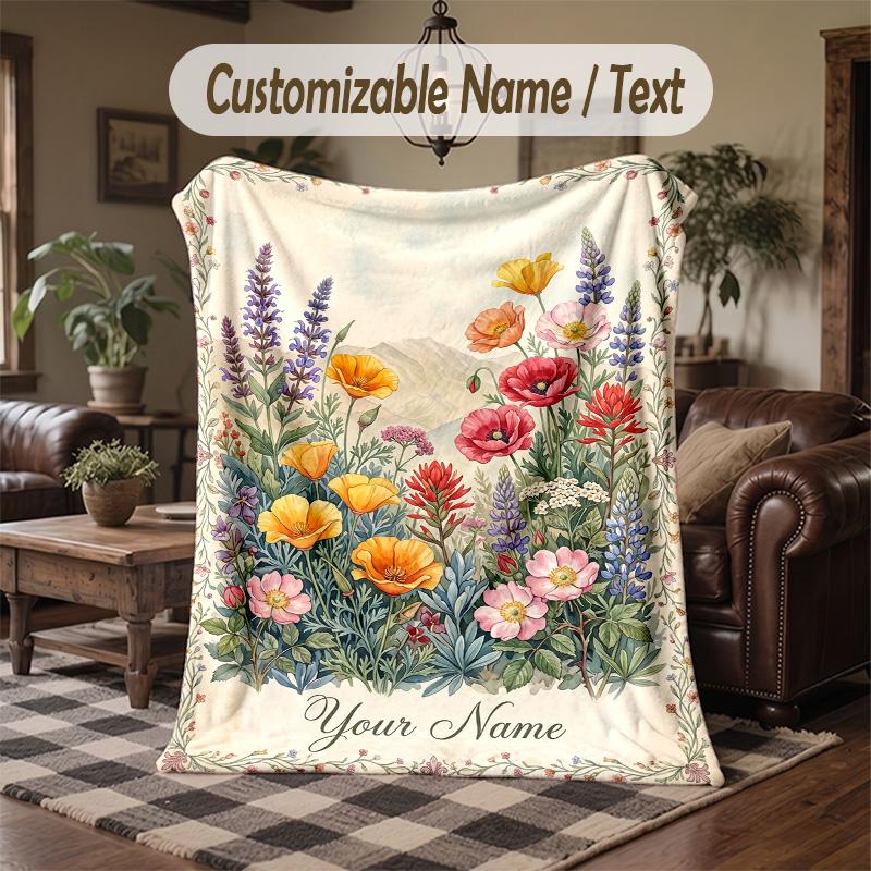 Floral Garden Butterflies Theme Throw Blanket Custom Name Text Personalized Blanket Soft Cozy Blanket for Home Sofa Bed