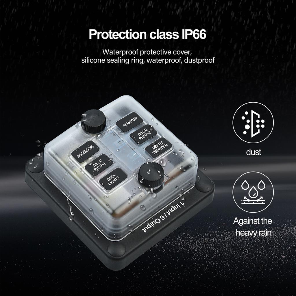 6-fach Block mit Erdung, Sicherungskastenhalter für Schutzabdeckung, LED-Lichtanzeige, Schraubklemmen für Auto, Marine, flaches Profil, negative Sammelschiene, wasserdicht