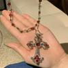 Double-layer Silver Gothic Cross Necklace for Women Gothic Jewelry Statement Necklace Red Gem Cross Pendant Choker Gifts