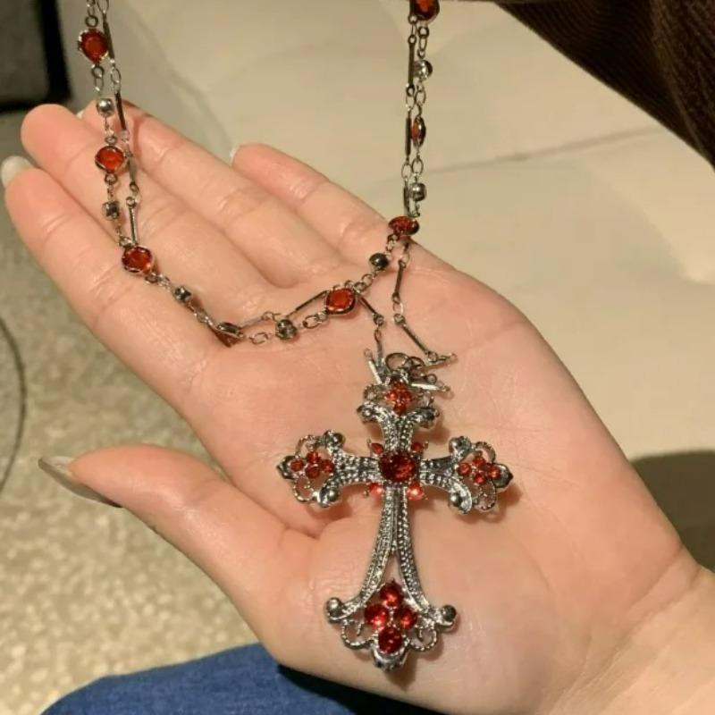 Double-layer Silver Gothic Cross Necklace for Women Gothic Jewelry Statement Necklace Red Gem Cross Pendant Choker Gifts