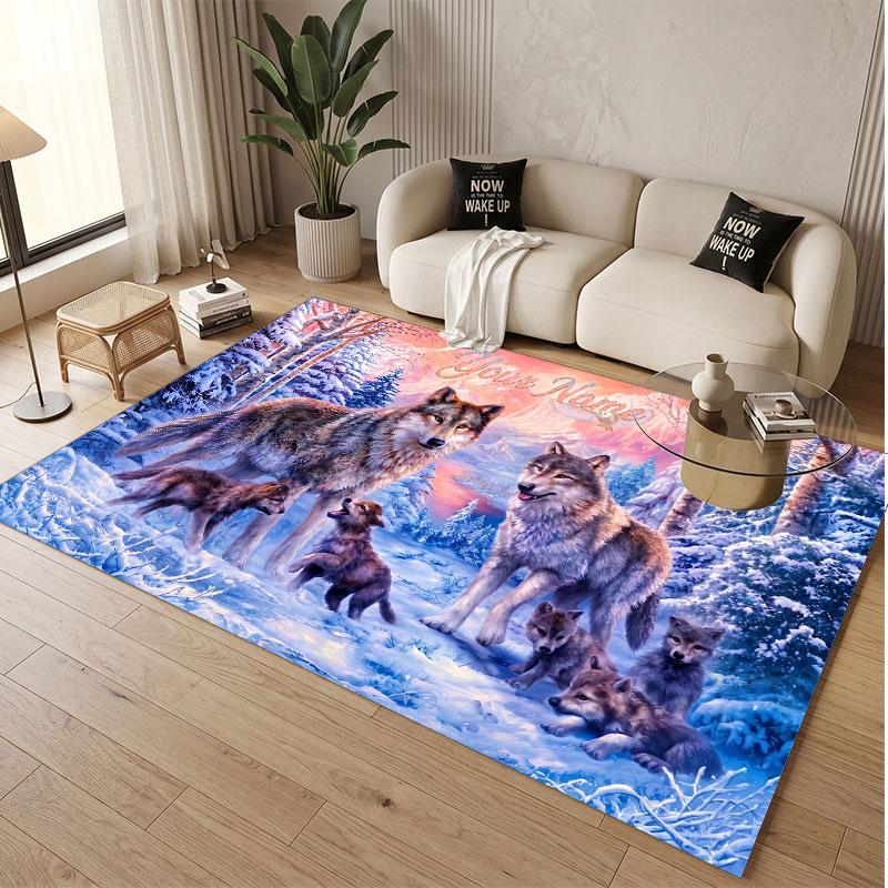 Wolf Theme Soft Crystal Velvet Rug Custom Name & Text Print Non Slip Floor Rug for Bedroom Living Room