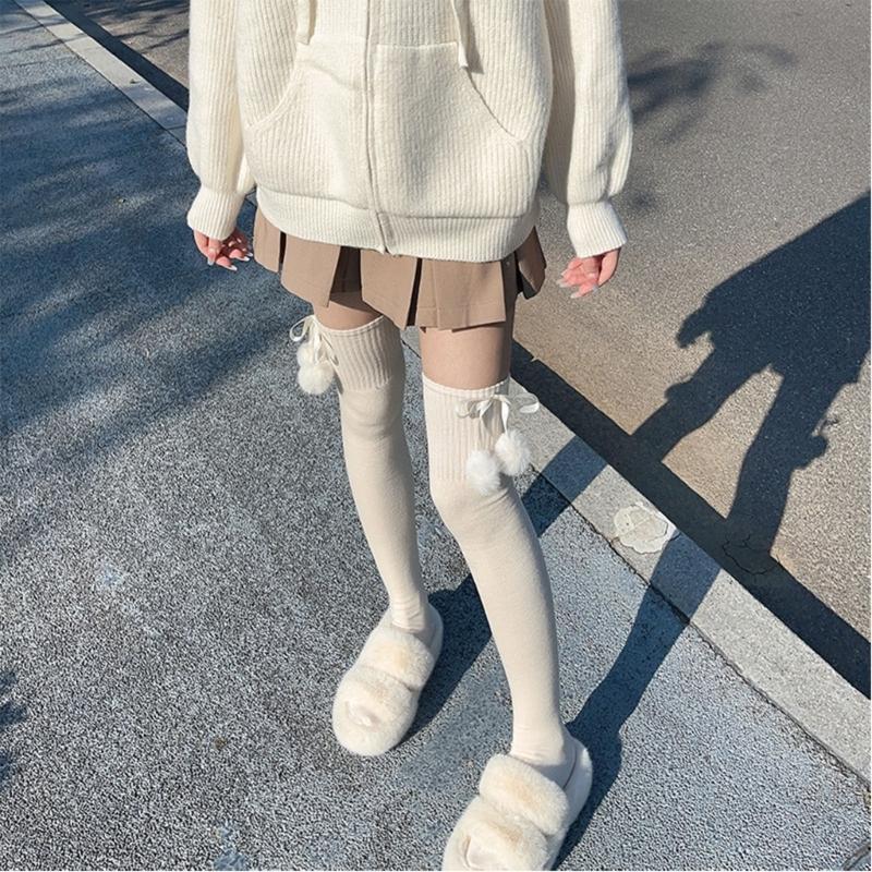 Damen kniehohe Socken Strümpfe Lolitas Schleife Schnürung Wadenstrümpfe Bommel Oberschenkelhohe Strümpfe Süß Niedlich Überknie-Socken