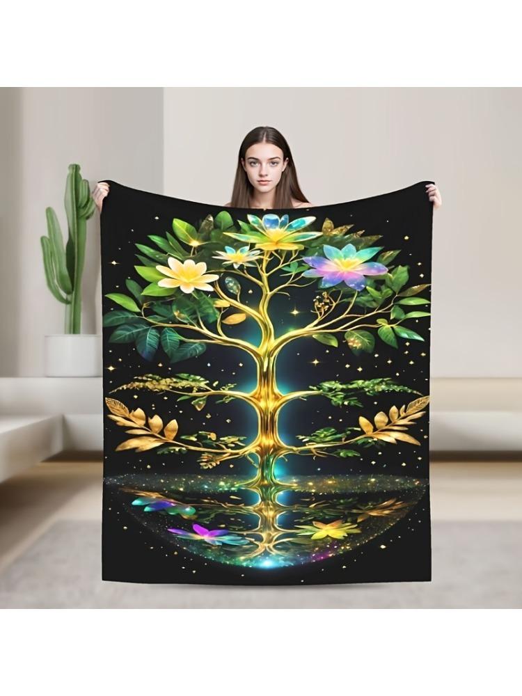 A Lotus Tree Pattern Flannel Blanket, Colorful, Soft, Warm, Lightweight, Machine Washable, Knitted, All Season, Multi-purpose,